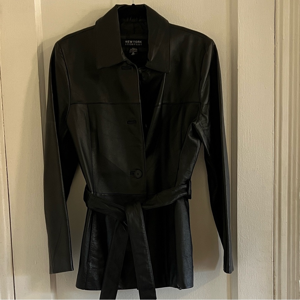 New York & Company Black Leather Belted Jacket